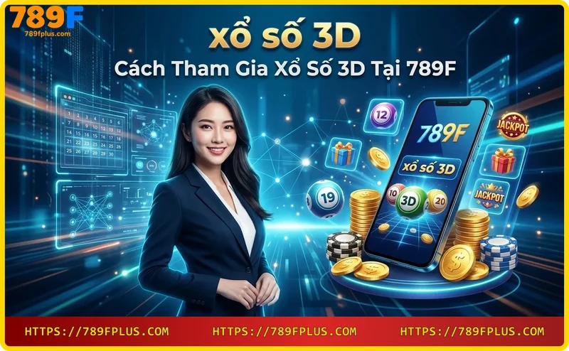 Điện thoại thông minh hiển thị giao diện xổ số 3D với số vàng và hiệu ứng neon