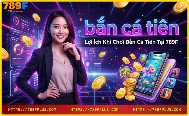 Tay cầm đồng xu vàng với biểu tượng cá tiên, chip casino và màn hình đổi thưởng